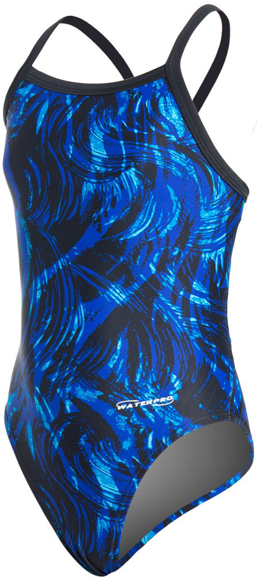 Water Pro Ladies' Storm Cyclone Swimsuit - A blue and black swimsuit with a swirling pattern of lines.