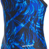 Water Pro Ladies' Storm Cyclone Swimsuit - A blue and black swimsuit with a swirling pattern of lines.