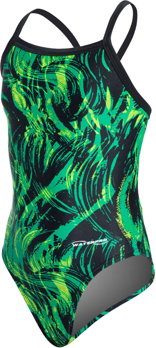Water Pro Ladies' Storm Cyclone Swimsuit 2015 - A black swimsuit with a green and yellow abstract pattern.