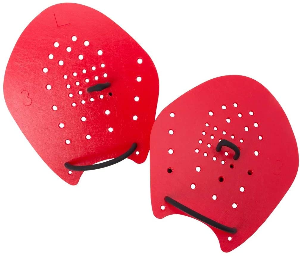 Strokemaker Swim Hand Paddles - Red paddles with white dots, featuring a textured surface and black cords at the top.
