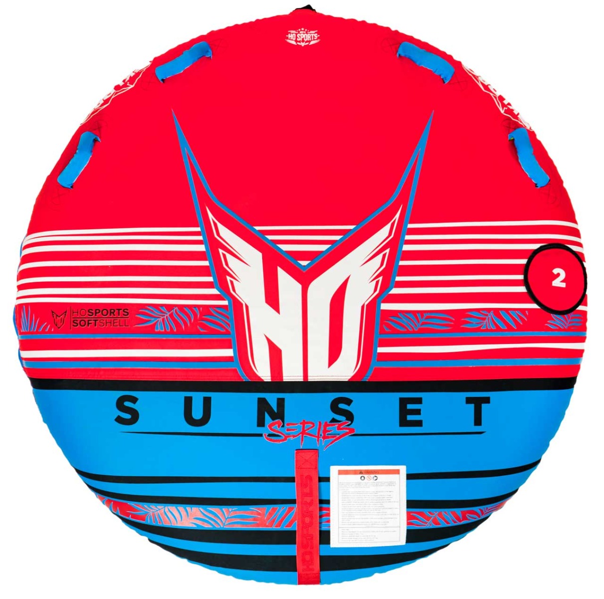 HO Sports x Ski Pro Sunset 2 Person Tube 2021 - Red tube with white and blue accents, featuring a sunset design on top.