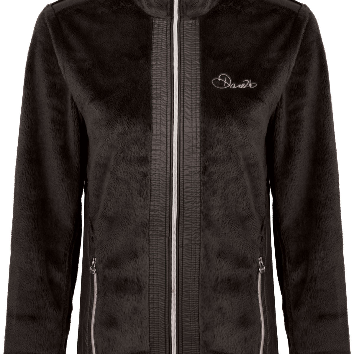 Dare2b Ladies' Superla Sweater 2018-2019 - A black sweater with a subtle pattern of thin, horizontal stripes on the chest and sleeves.