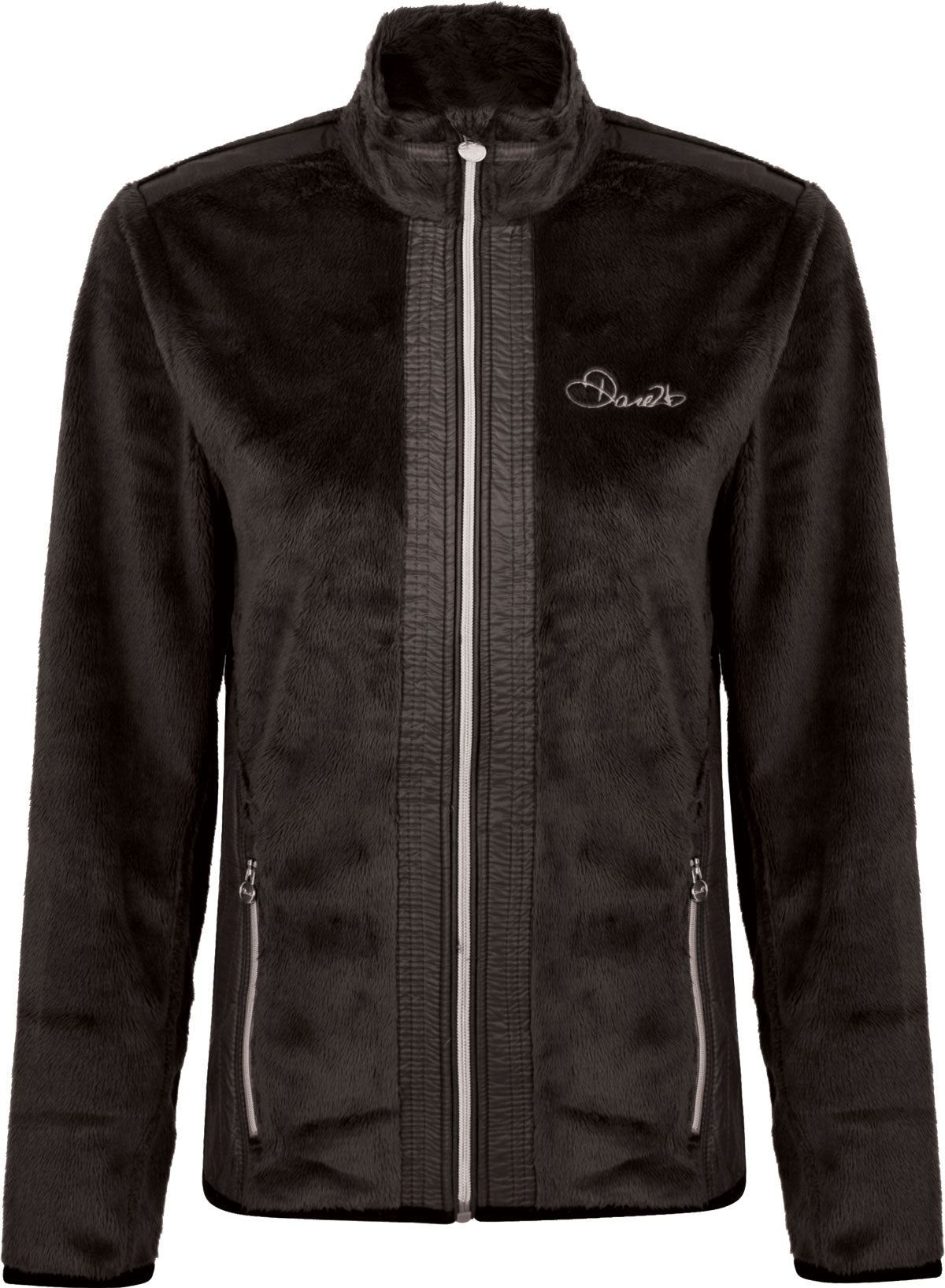 Dare2b Ladies' Superla Sweater 2018-2019 - A black sweater with a subtle pattern of thin, horizontal stripes on the chest and sleeves.