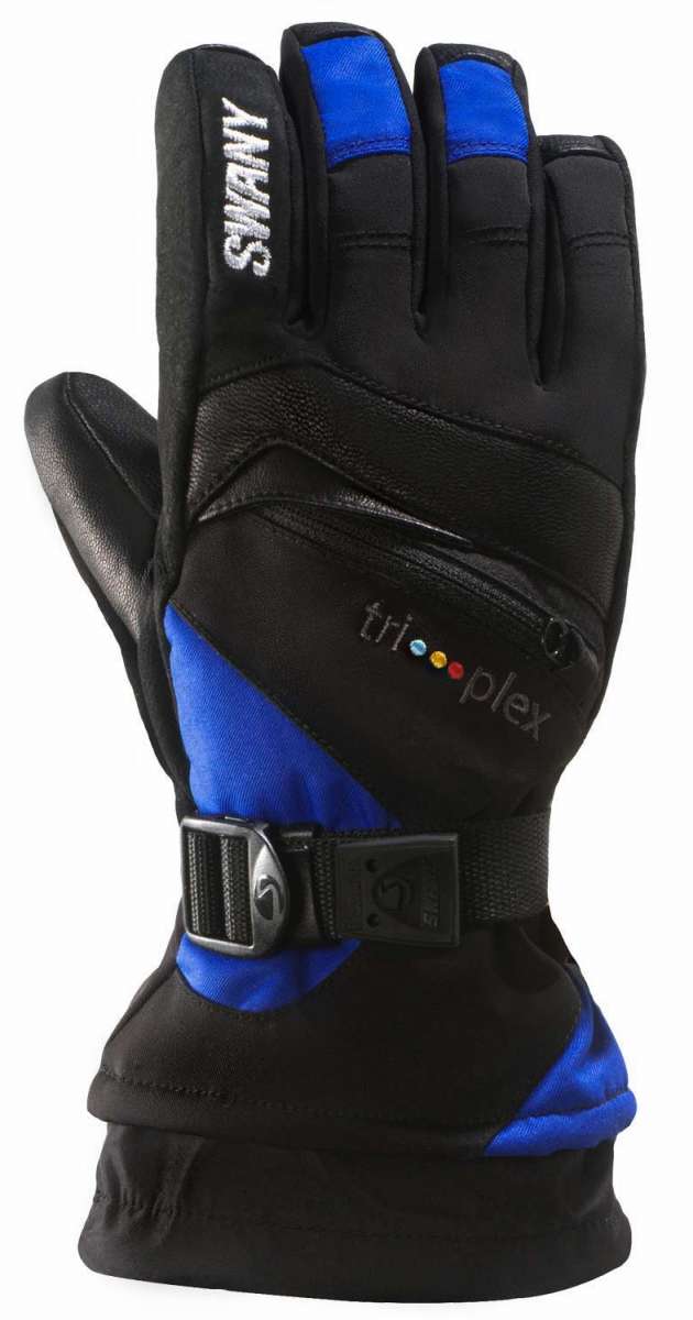 Swany Junior X-Change Glove 2022-2023 - A black glove with blue accents and a strap on the wrist.