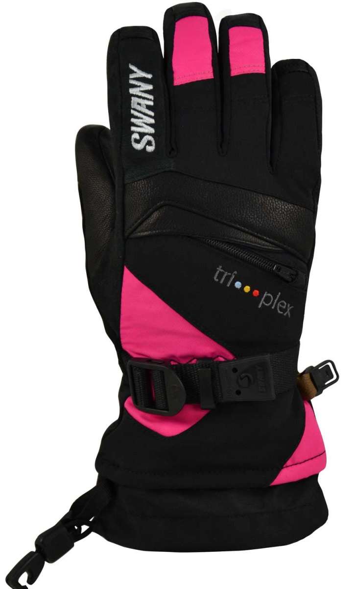 Swany Junior X-Change Glove 2022-2023 - A black glove with a pink palm and thumb, featuring a zippered pocket on the wrist.