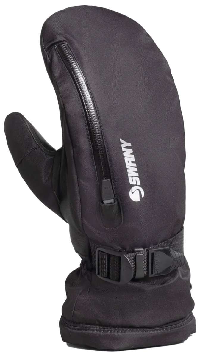 Swany Women's Arctic Mitten 2024 - A black mitten with a zipper on the side and a strap at the wrist.