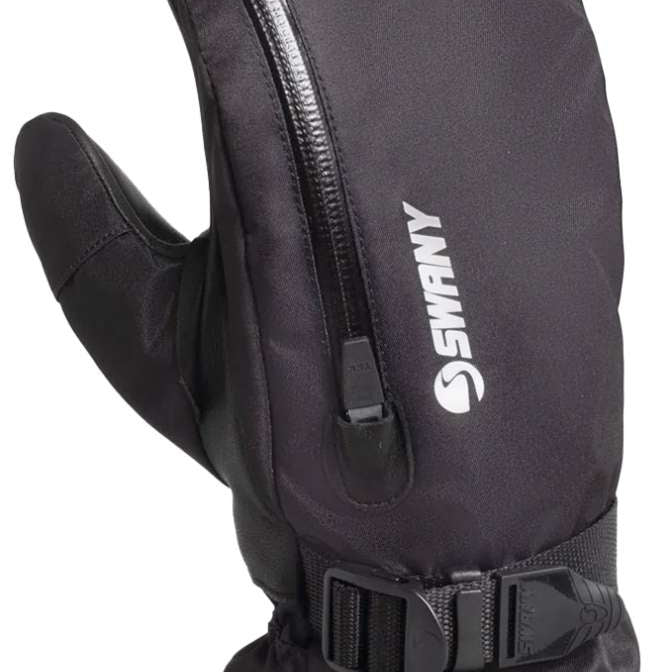 Swany Women's Arctic Mitten 2024 - A black mitten with a zipper on the side and a strap at the wrist.