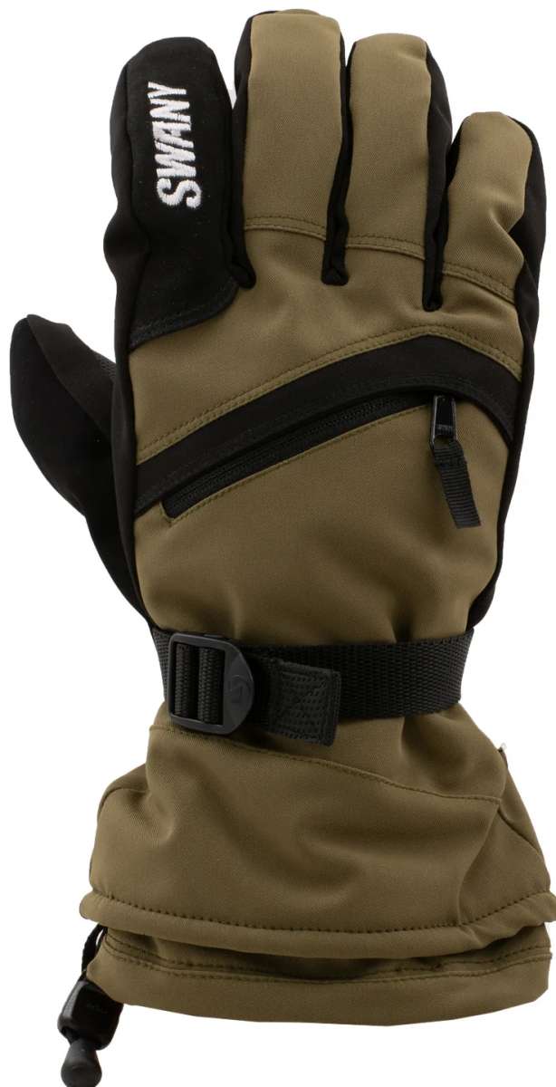 Swany Women's X-Over Glove 2.2 2024 - A tan glove with a black strap and buckle on the wrist, featuring a zippered pocket on the back of the hand.