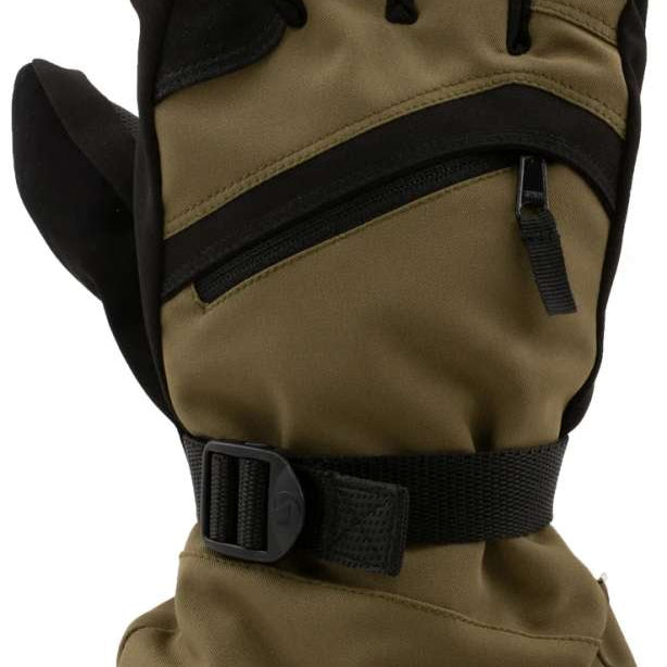 Swany Women's X-Over Glove 2.2 2024 - A tan glove with a black strap and buckle on the wrist, featuring a zippered pocket on the back of the hand.