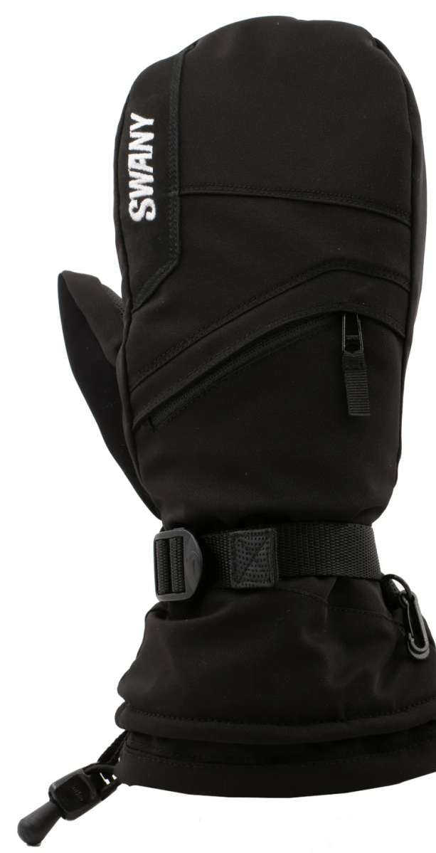 Swany Ladies X-Over Mitt 2.2 2023-2024 - Black mittens with a textured palm and thumb, featuring a zippered pocket on the back of one hand.