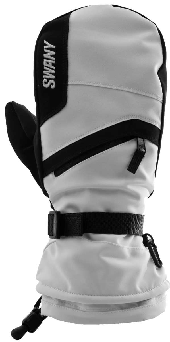 Swany Ladies X-Over Mitt 2.2 2023-2024 - A pair of mittens with a black strap and buckle on the wrist, featuring a white and grey color scheme.