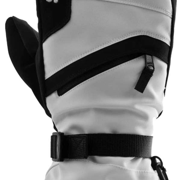 Swany Ladies X-Over Mitt 2.2 2023-2024 - A pair of mittens with a black strap and buckle on the wrist, featuring a white and grey color scheme.