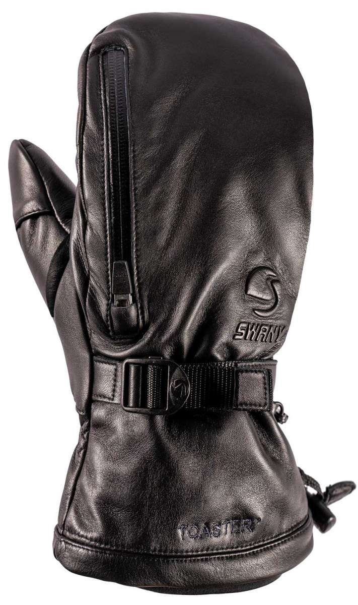 Swany Legend Mitten 2022-2023 - A black mitten with a zipper on the side and a strap that goes around the wrist.