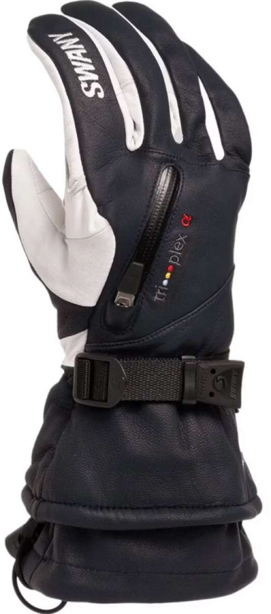 Swany X-Calibur Gloves 2024 - A pair of black gloves with white accents and a distinctive red logo on the wrist strap.