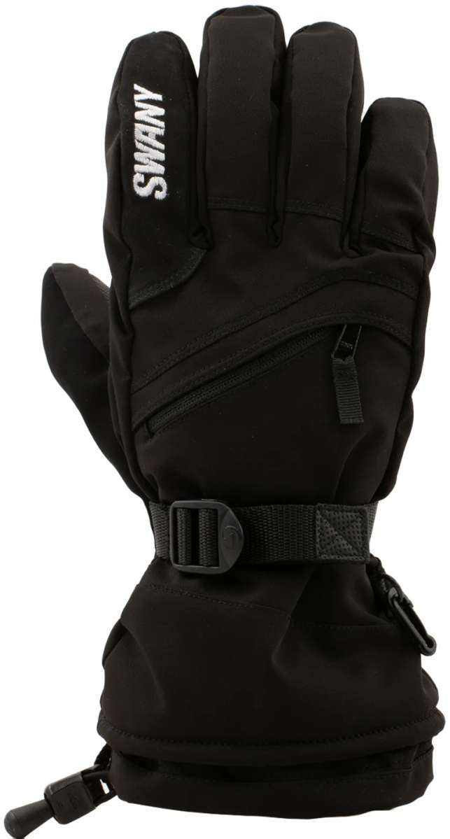 Swany X-Over Gloves 2.2 2023-2024 - Black gloves with white logo on left cuff and black strap on right wrist.