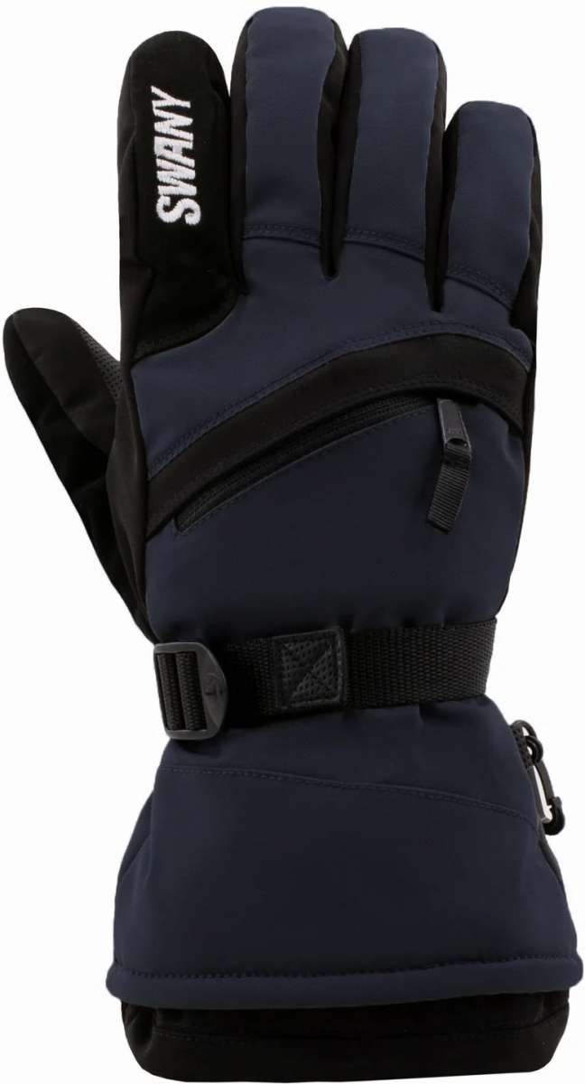 Swany X-Over Gloves 2.2 2023-2024 - A pair of black gloves with a textured palm and thumb, featuring a zippered pocket on the wrist.