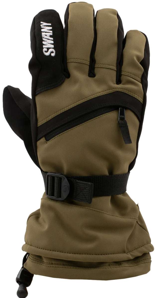 Swany X-Over Gloves 2.2 2023-2024 - A pair of olive green gloves with black accents and a zippered pocket on the back.