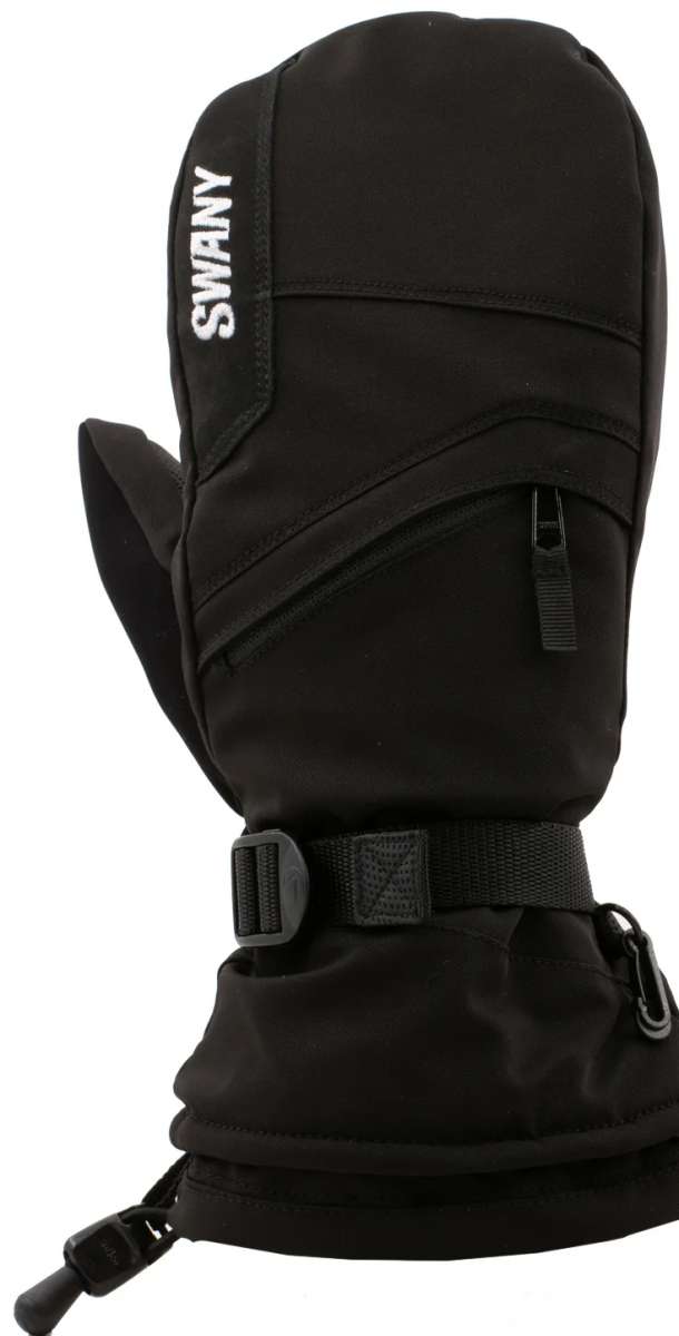 Swany X-Over Mitt 2.2 2023-2024 - Black mittens with a textured palm and thumb, featuring a zippered pocket on the back of one hand.