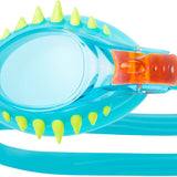 TYR Swimple Spikes Youth Swim Goggles - A pair of blue swim goggles with neon green spikes on the sides and a clear lens.