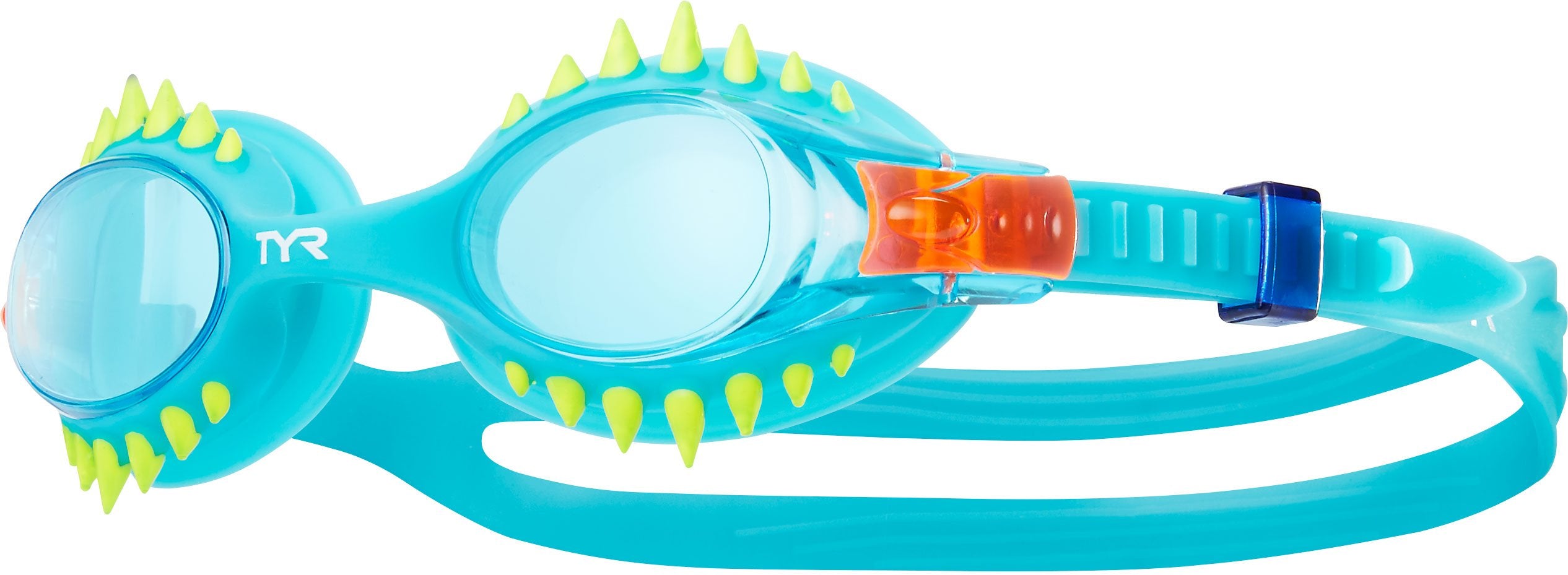 TYR Swimple Spikes Youth Swim Goggles - A pair of blue swim goggles with neon green spikes on the sides and a clear lens.