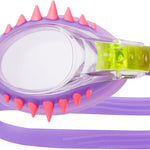 TYR Swimple Spikes Youth Swim Goggles - A pair of purple swim goggles with pink spikes on the outer rim.