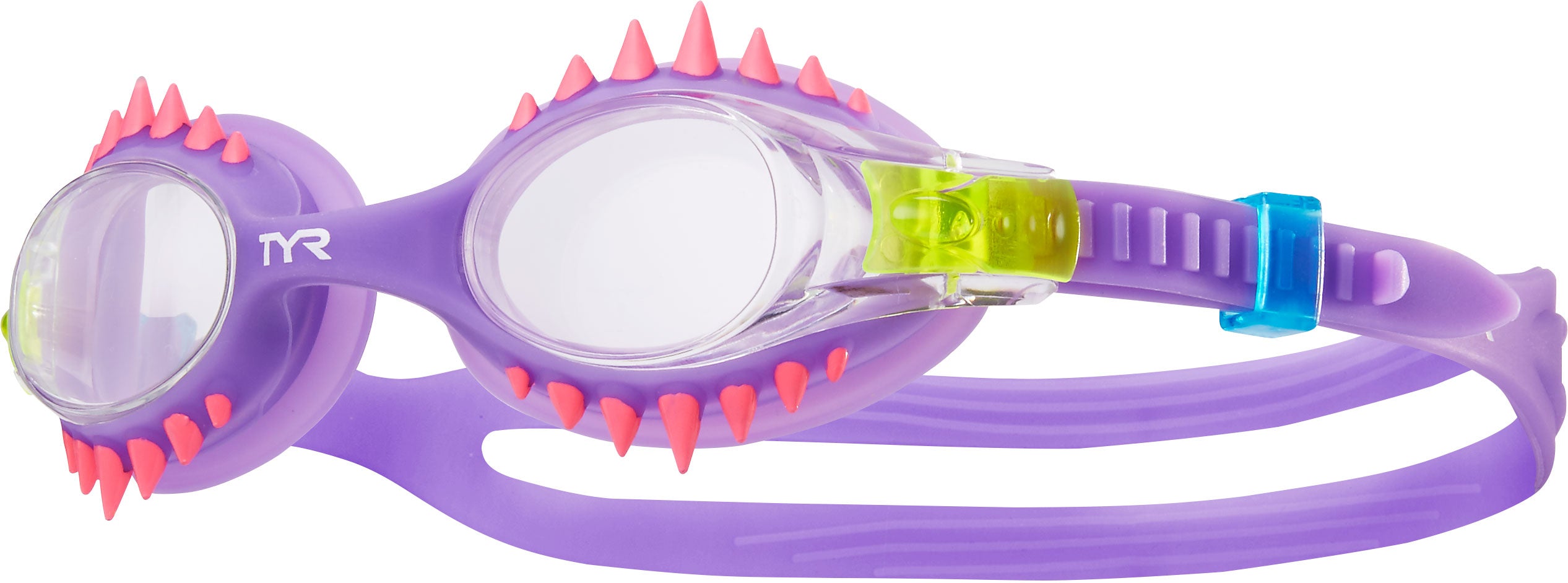 TYR Swimple Spikes Youth Swim Goggles - A pair of purple swim goggles with pink spikes on the outer rim.