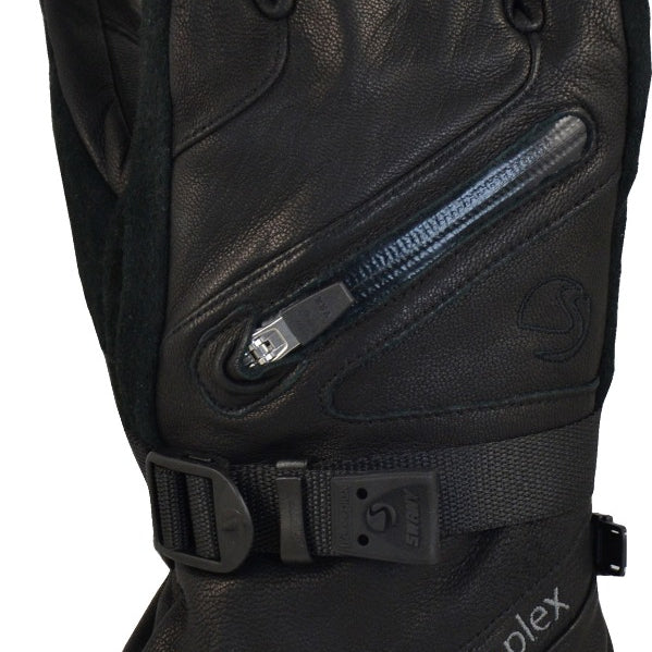 Men's black leather winter glove with wrist strap and protective knuckle padding