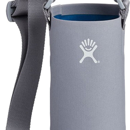Hydro Flask Tag Along Standard/Small Bottle Sling - A gray bottle sling with a strap and clip, featuring a small blue logo on the front.