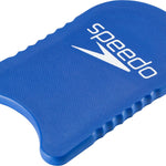 Speedo Team Kickboard - A blue kickboard with a textured surface, featuring the word "speedo" in white letters on one side and a white logo resembling an upside-down letter "V" on the other.