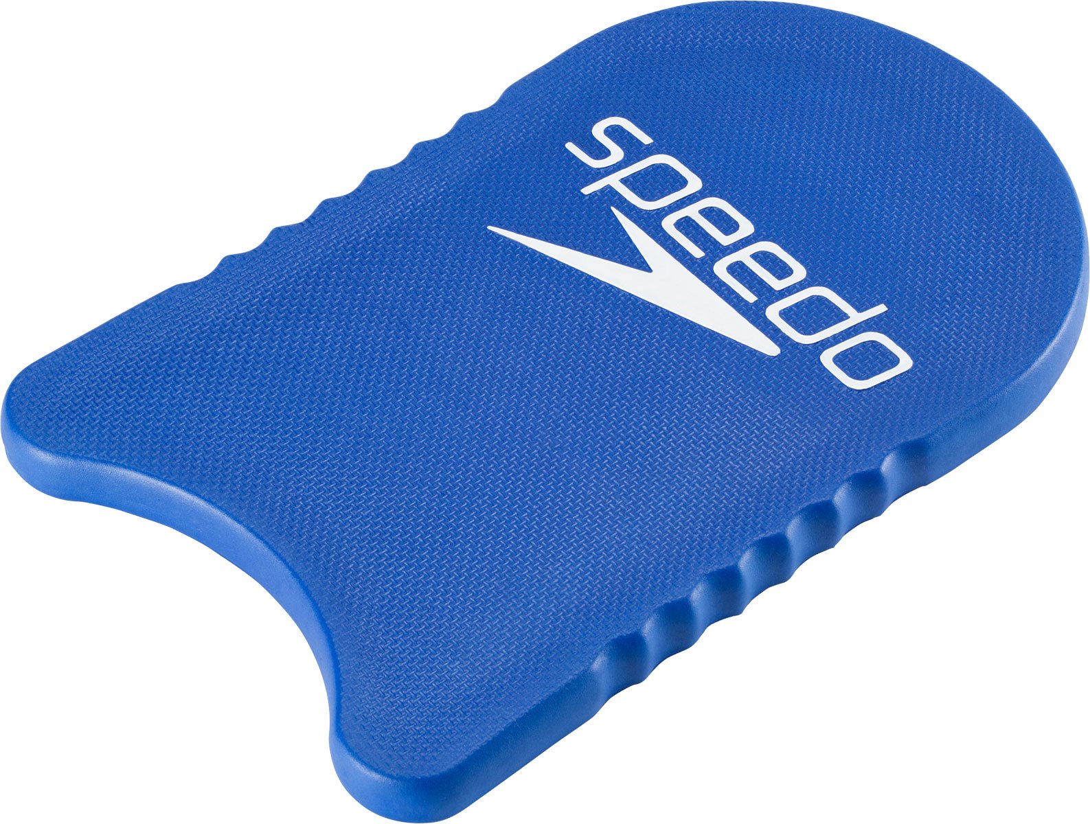 Speedo Team Kickboard - A blue kickboard with a textured surface, featuring the word "speedo" in white letters on one side and a white logo resembling an upside-down letter "V" on the other.