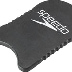 Speedo Team Kickboard - A black kickboard with a textured surface, featuring the word "speedo" in white letters on one side and a white logo of a stylized letter "S" on the other.