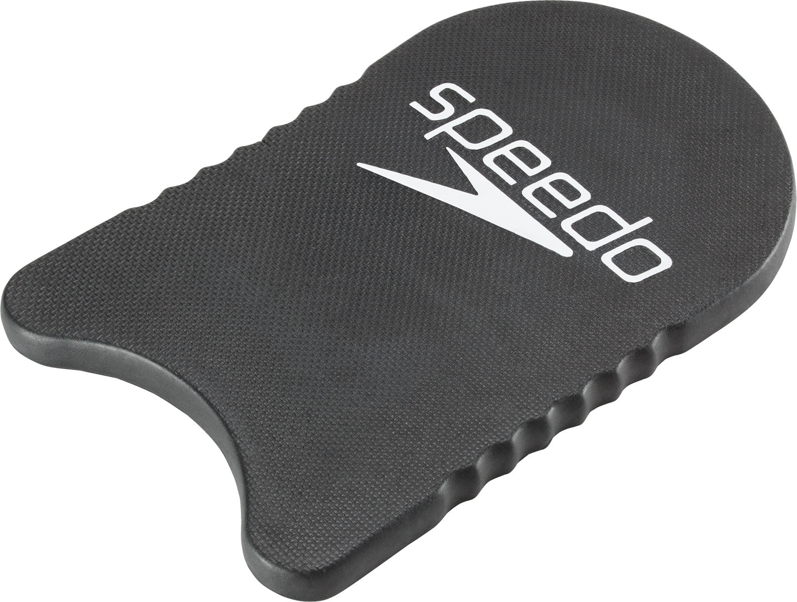 Speedo Team Kickboard - A black kickboard with a textured surface, featuring the word "speedo" in white letters on one side and a white logo of a stylized letter "S" on the other.
