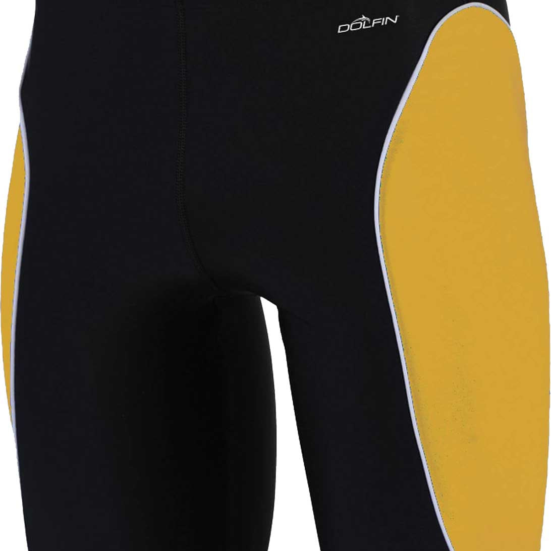 Dolfin Men's Xtra Life Lycra Team Panel Jammer Swimsuit - A black swimsuit with a white logo on the upper left side of the waistband and two vertical white stripes down each leg.
