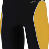 Dolfin Men's Xtra Life Lycra Team Panel Jammer Swimsuit - A black swimsuit with a white logo on the upper left side of the waistband and two vertical white stripes down each leg.