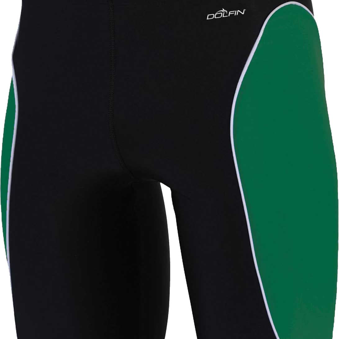 Dolfin Men's Xtra Life Lycra Team Panel Jammer Swimsuit - A black swimsuit with a green and white team panel on the left leg.