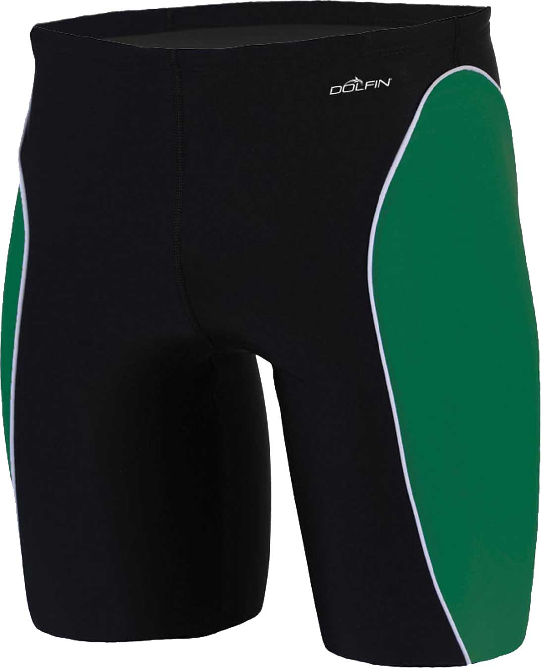 Dolfin Men's Xtra Life Lycra Team Panel Jammer Swimsuit - A black swimsuit with a green and white team panel on the left leg.