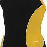Dolfin Ladies' XtraSleek Team Panel V2 Back One-Piece Swimsuit - A black one-piece swimsuit with yellow trim and a white logo on the left hip.