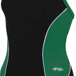 Dolfin Ladies' XtraSleek Team Panel V2 Back One-Piece Swimsuit - A black one-piece swimsuit with green and white accents on the sides.