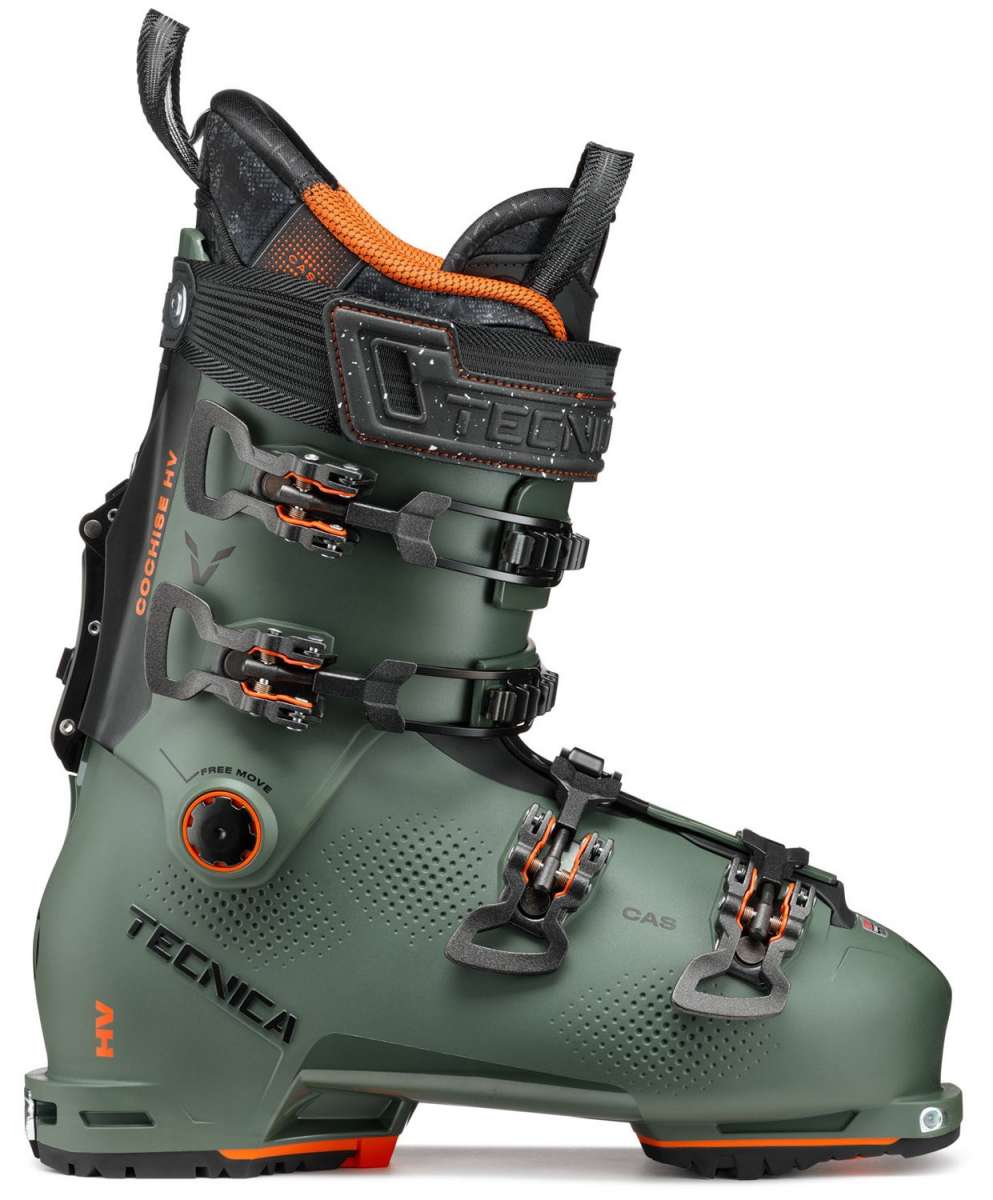 Tecnica Cochise 120 Ski Boots 2024 - Dark green ski boots with black buckles and orange accents.
