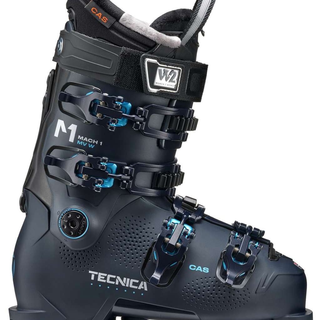 Tecnica Ladies Mach1 MV 95 Ski Boots 2024 - Black ski boots with white lettering and blue accents.