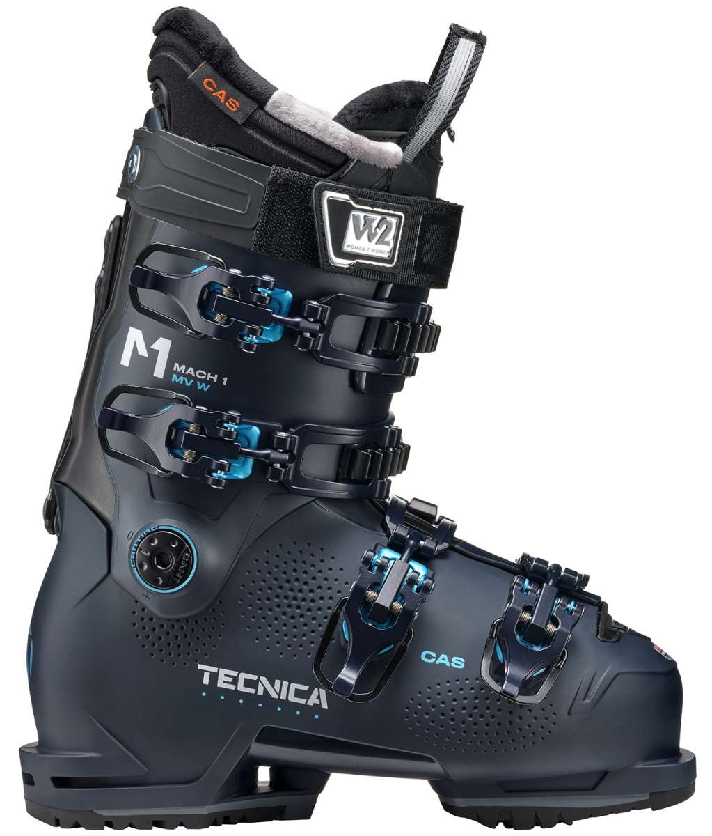 Tecnica Ladies Mach1 MV 95 Ski Boots 2024 - Black ski boots with white lettering and blue accents.