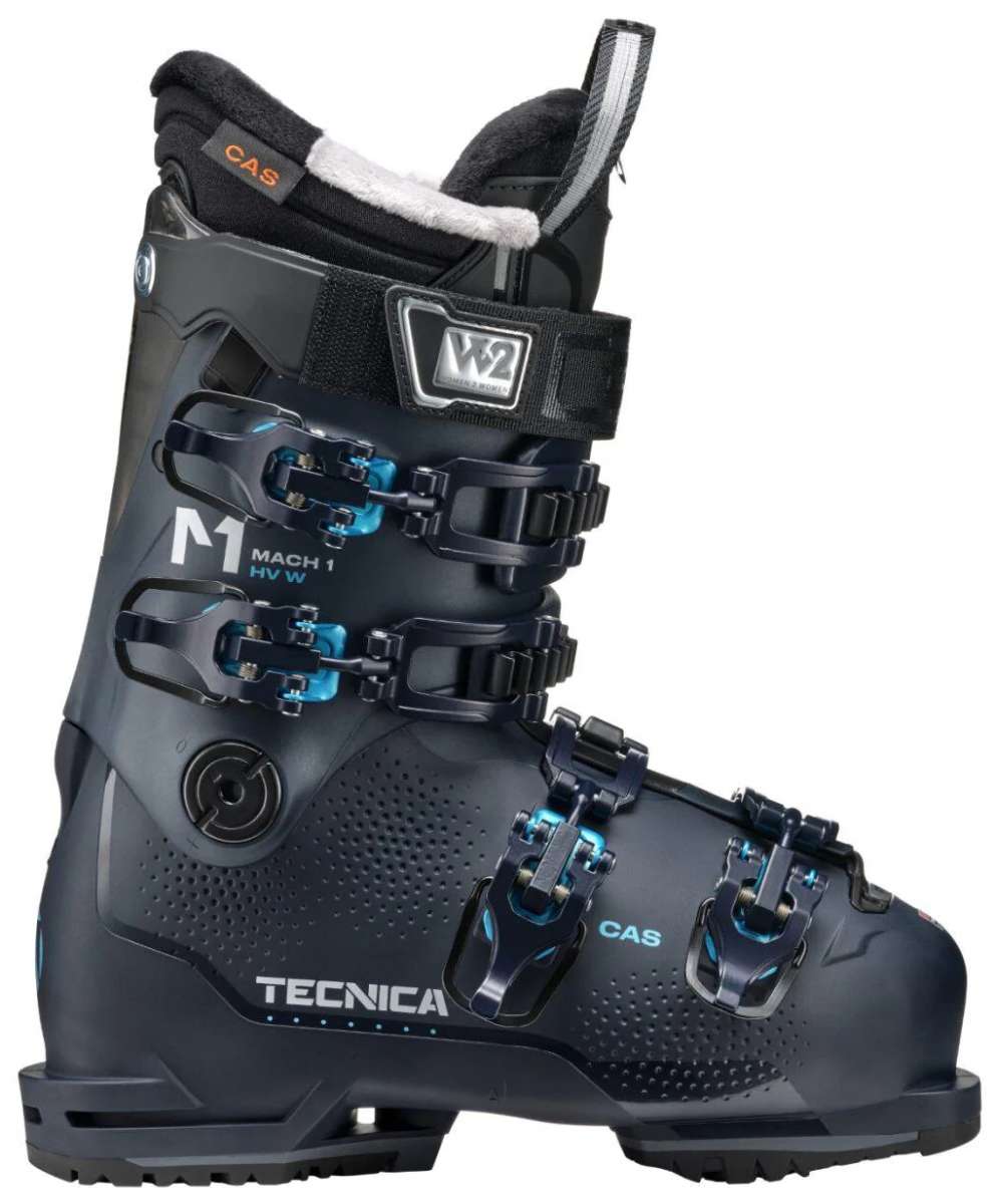 Tecnica Women's Mach 1 HV 95 Ski Boots 2024 - Black ski boots with blue accents and buckles, featuring a textured pattern on the toe area.