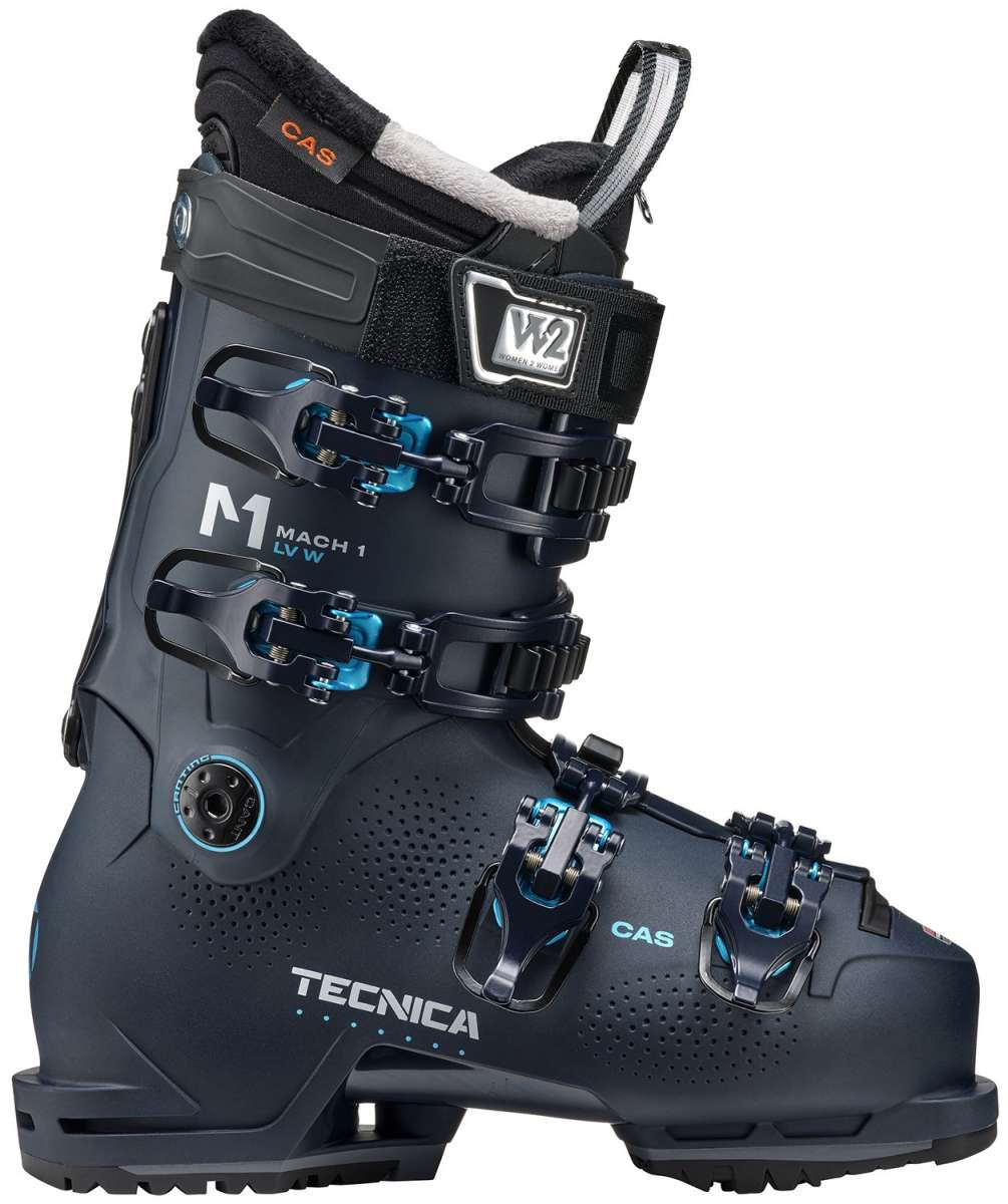 Tecnica Women's Mach 1 LV 95 Ski Boots 2024 - Black ski boots with white lettering and blue accents, featuring a sleek design with a prominent "Mach 1" logo on the side.