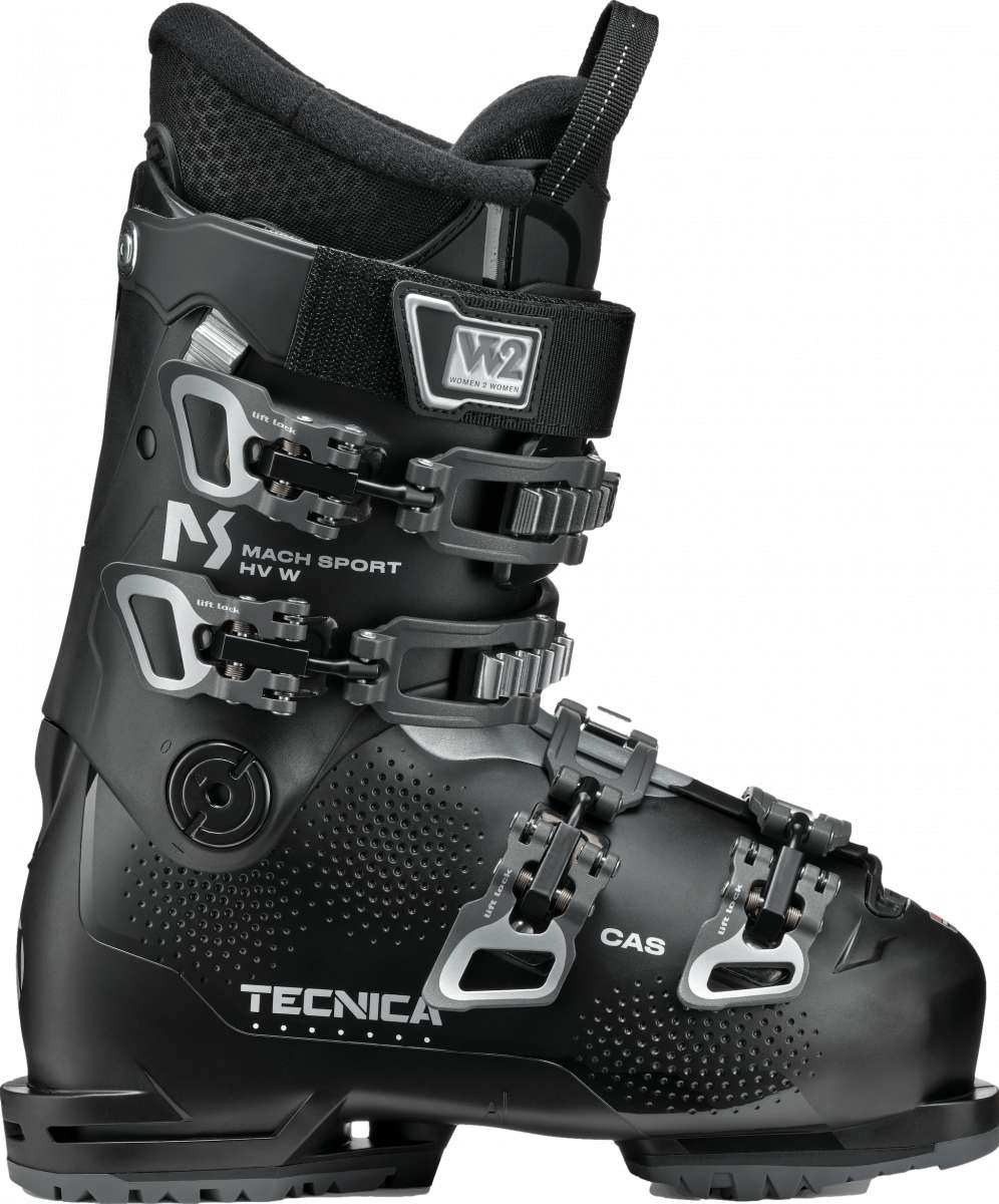 Tecnica Ladies Mach Sport HV 65 Ski Boots 2024 - Black ski boots with white lettering and silver buckles.