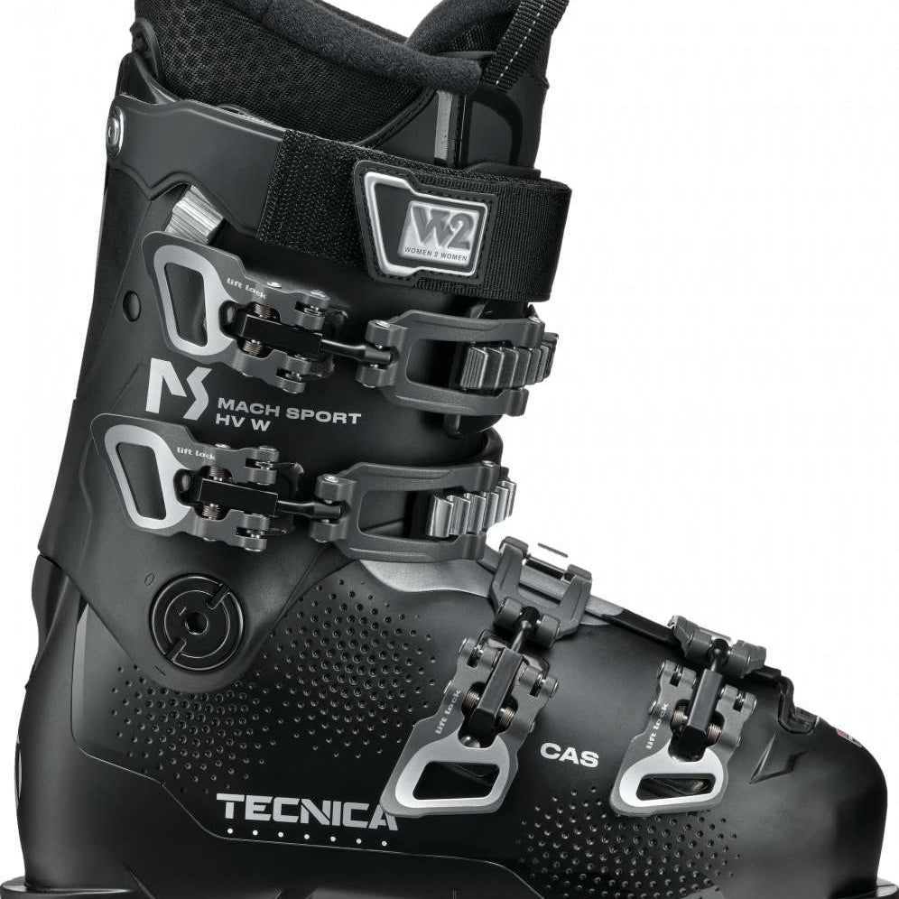 Tecnica Ladies Mach Sport HV 65 Ski Boots 2024 - Black ski boots with white lettering and silver buckles.