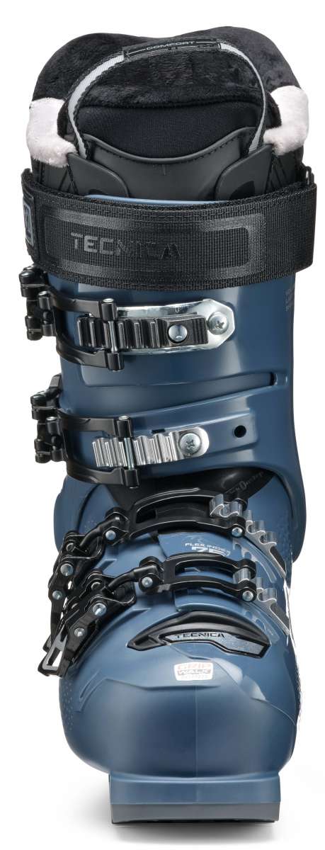 Tecnica Ladies Mach Sport MV 75 Ski Boot 2022-2023 - A dark gray ski boot with a black strap and buckle.