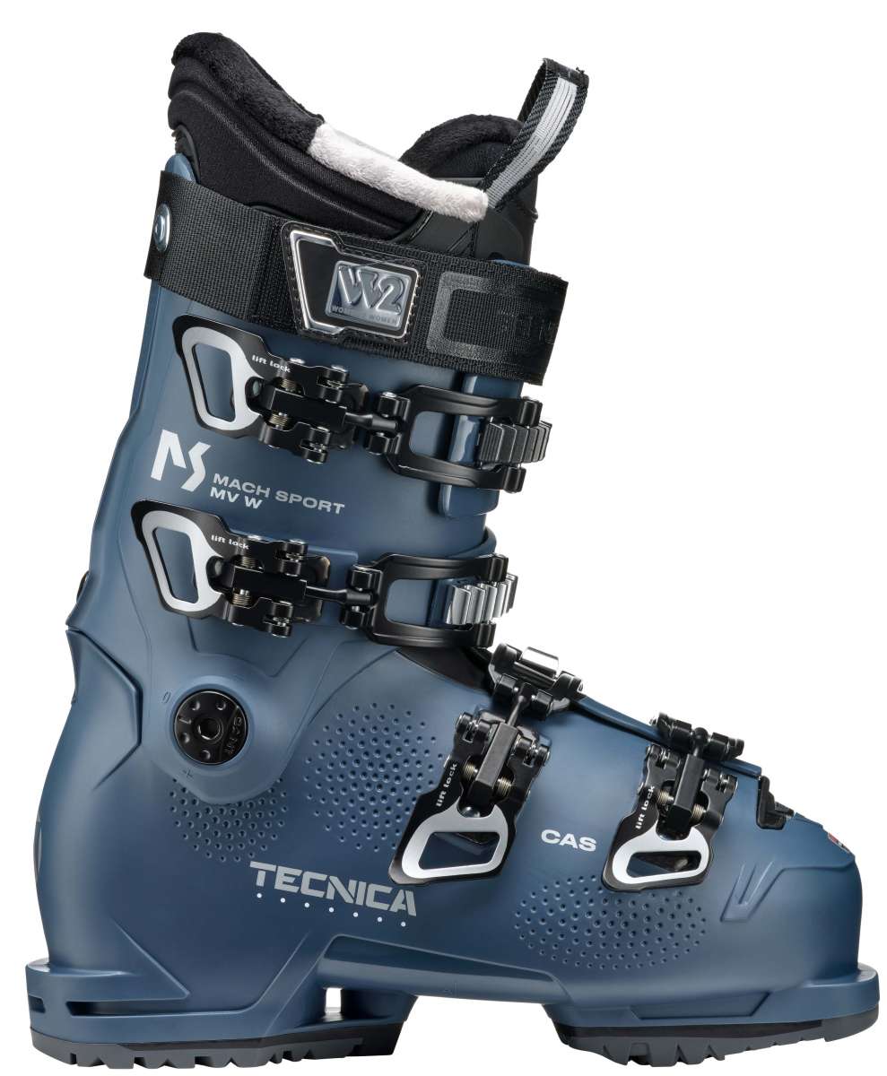 Tecnica Ladies Mach Sport MV 75 Ski Boot 2022-2023 - A dark blue ski boot with white lettering and a black strap at the top.