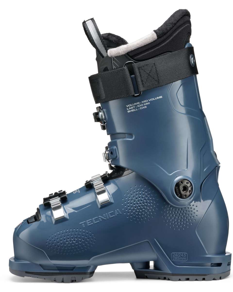 Tecnica Ladies Mach Sport MV 75 Ski Boot 2022-2023 - A dark gray ski boot with a textured pattern on the toe and heel areas, featuring silver buckles and straps.