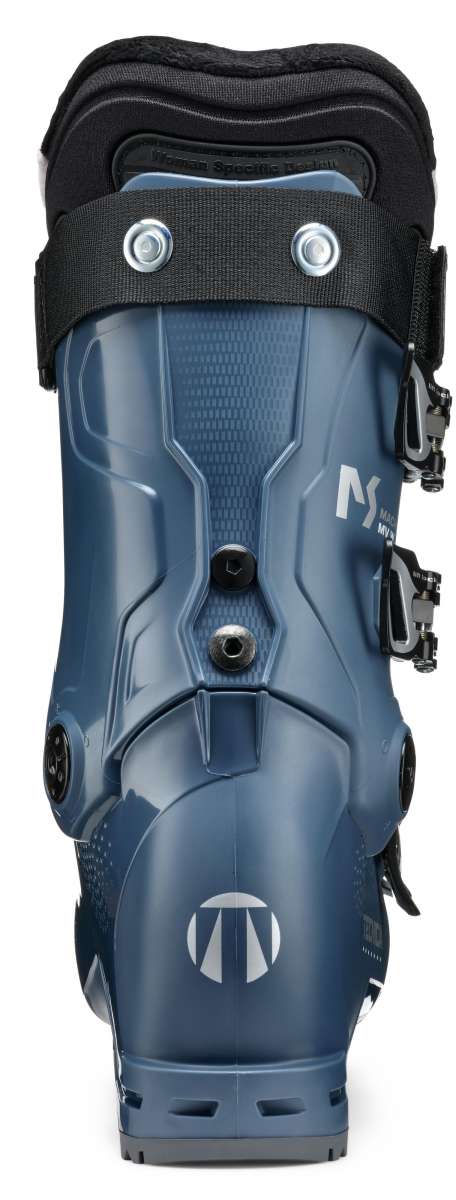 Tecnica Ladies Mach Sport MV 75 Ski Boot 2022-2023 - A blue ski boot with a textured pattern on the side and a white logo near the bottom.
