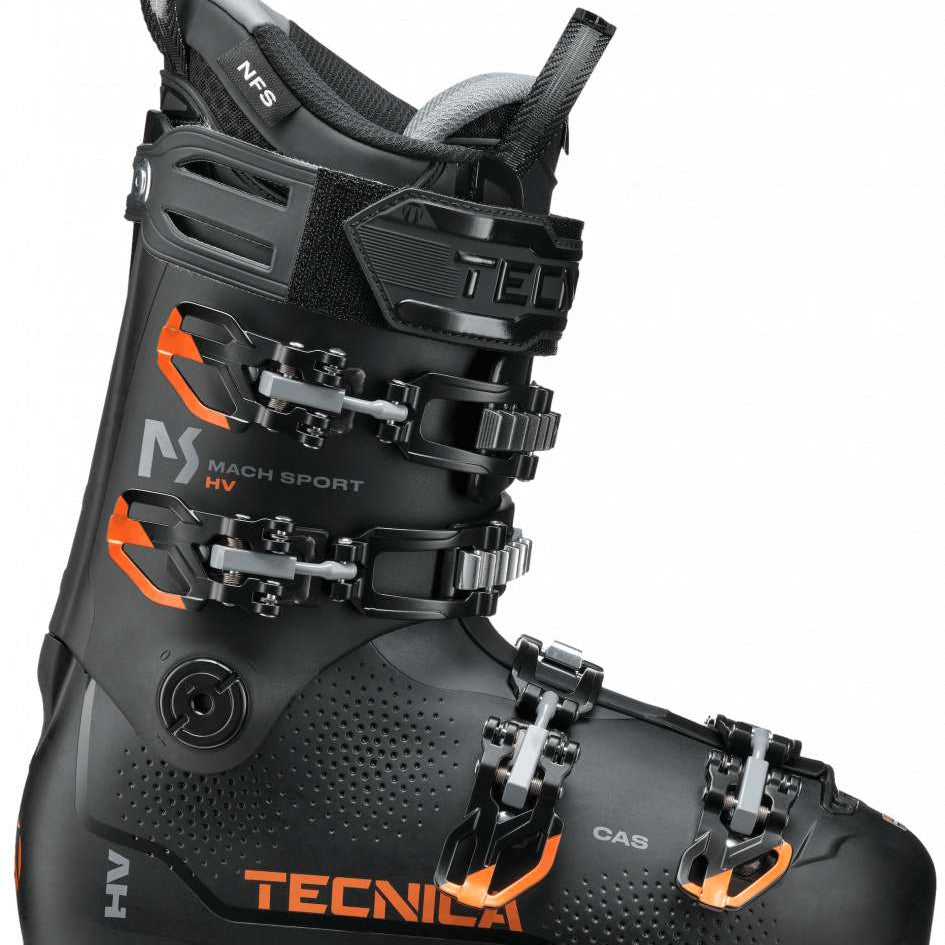 Tecnica Mach Sport HV 100 Ski Boots 2024 - Black ski boots with orange accents and silver buckles.